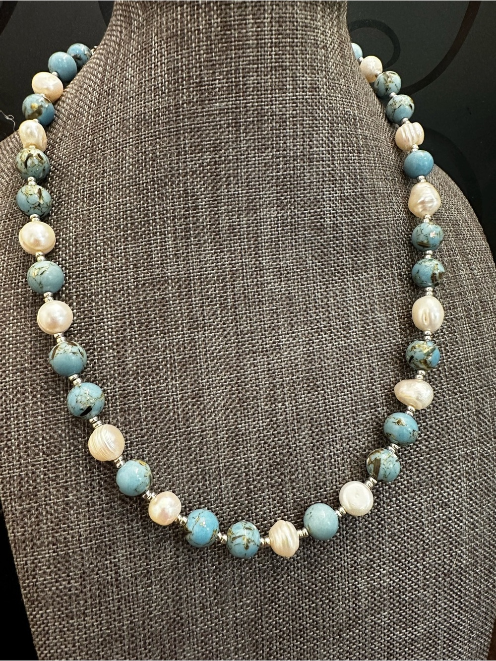 Howlite Bead and Pearl Necklace ,Elegant Blue and Cream Women’s Jewelry